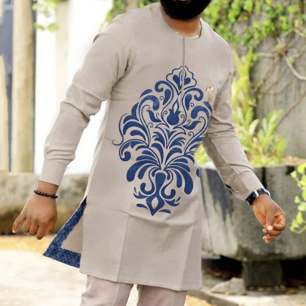 Ensemble Kaftan Homme 2 Pièces Broderie Manches Longues Col Rond + Pantalon Cordon Style Africain Mariage M-4XL – CLEVI Paris