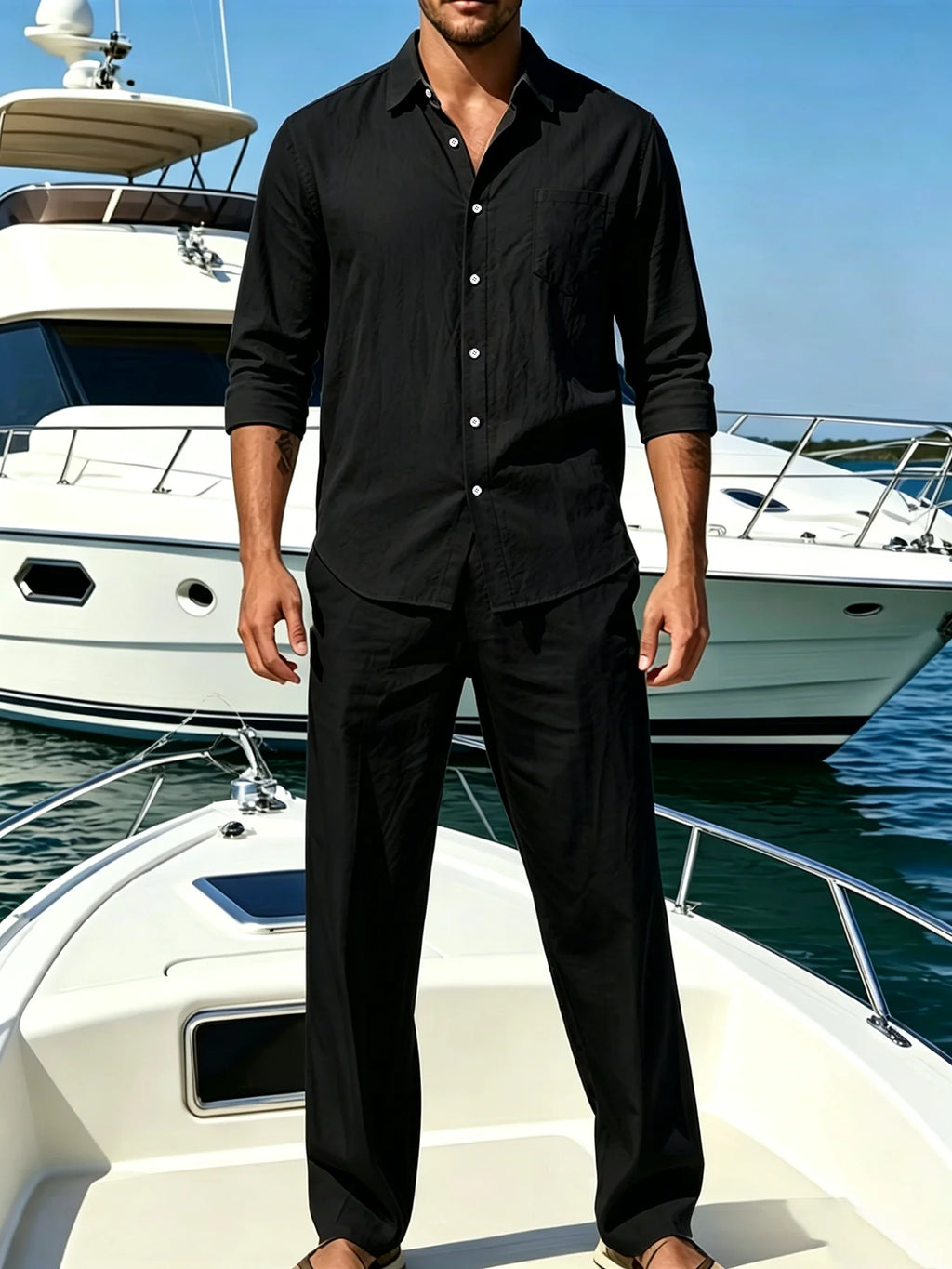 Ensemble Homme Chemise Lin Manches Longues Col Cranté + Pantalon 7/8 Cordon Casual Voyage Plage 4 Saisons 13 Coloris – CLEVI Paris