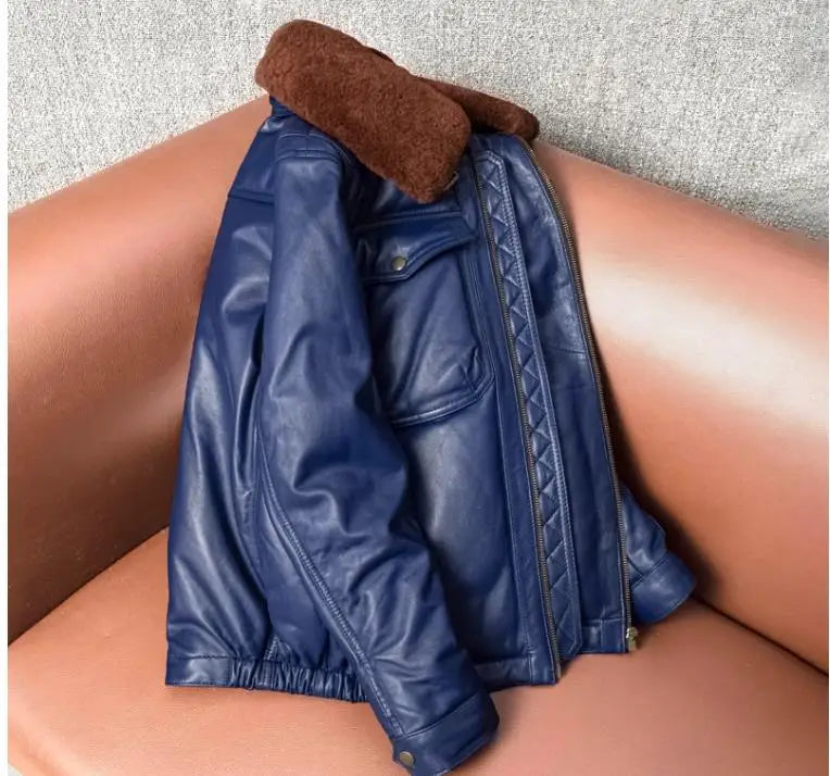 Veste homme bleue en cuir de mouton – CLEVI Paris