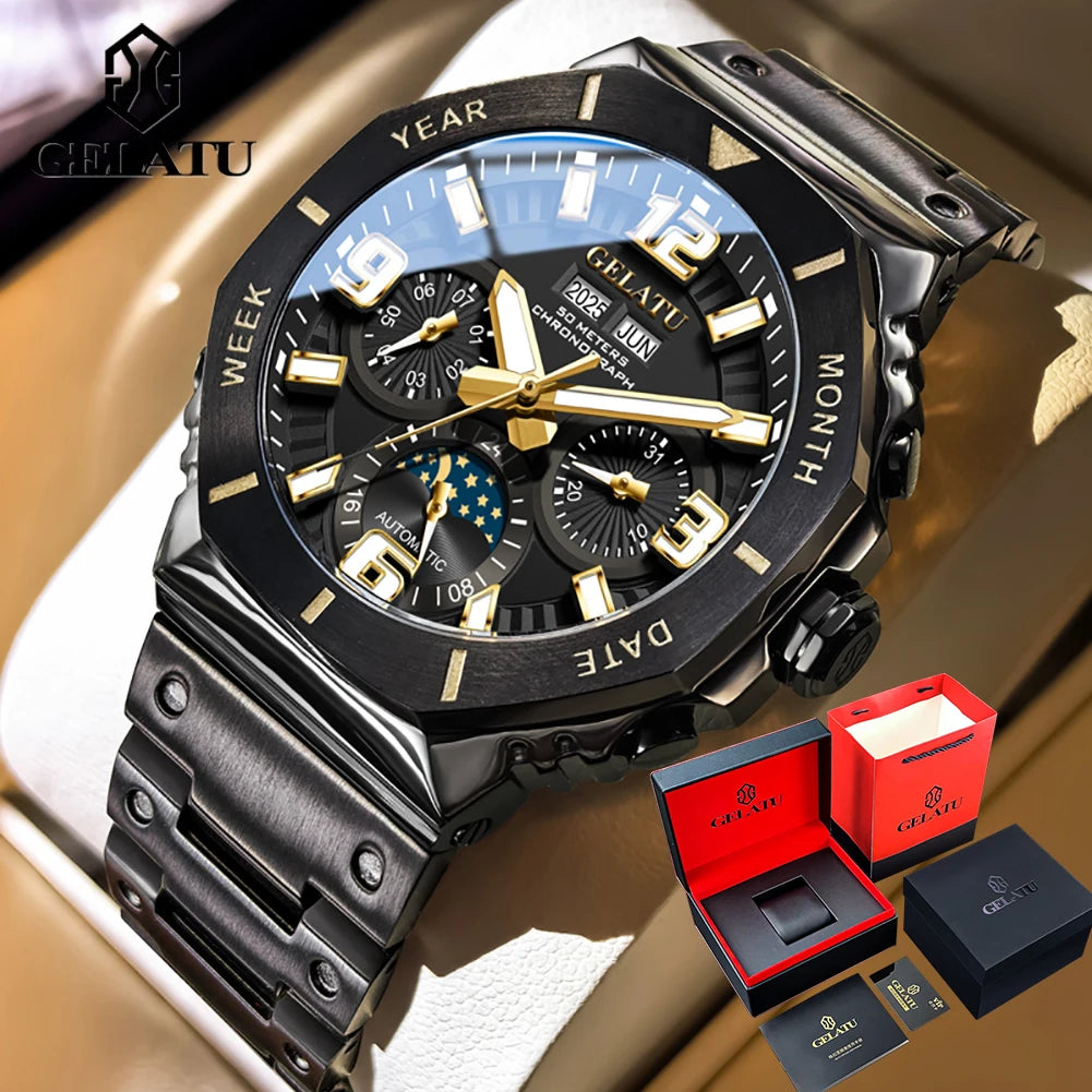 GELATU 6030 Montre Homme Automatique Phase de Lune Saphir Acier 316L 50M – CLEVI Paris