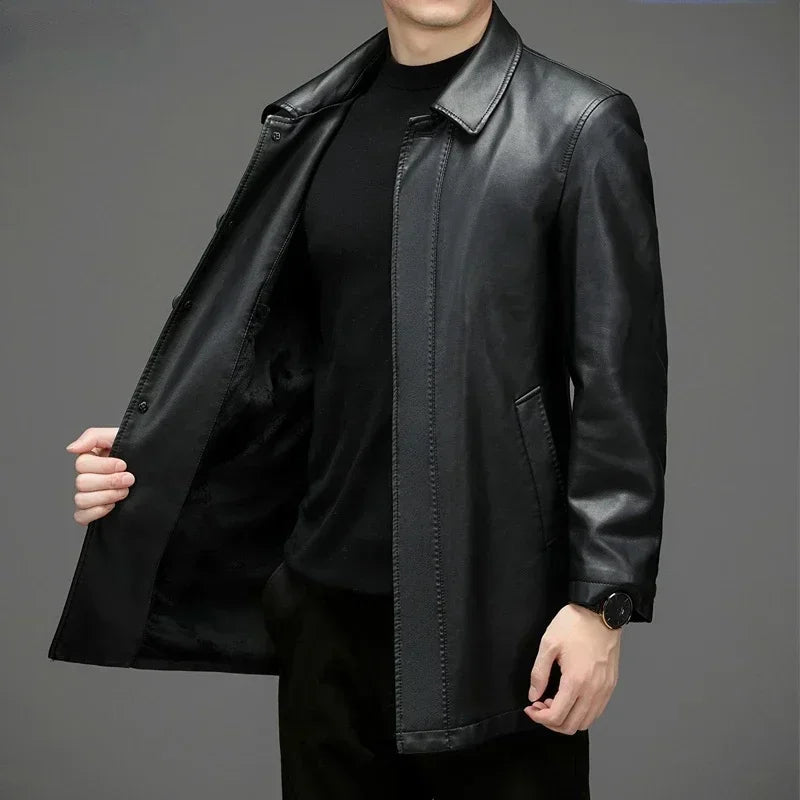 Veste longue homme en croûte de cuir noire – CLEVI Paris