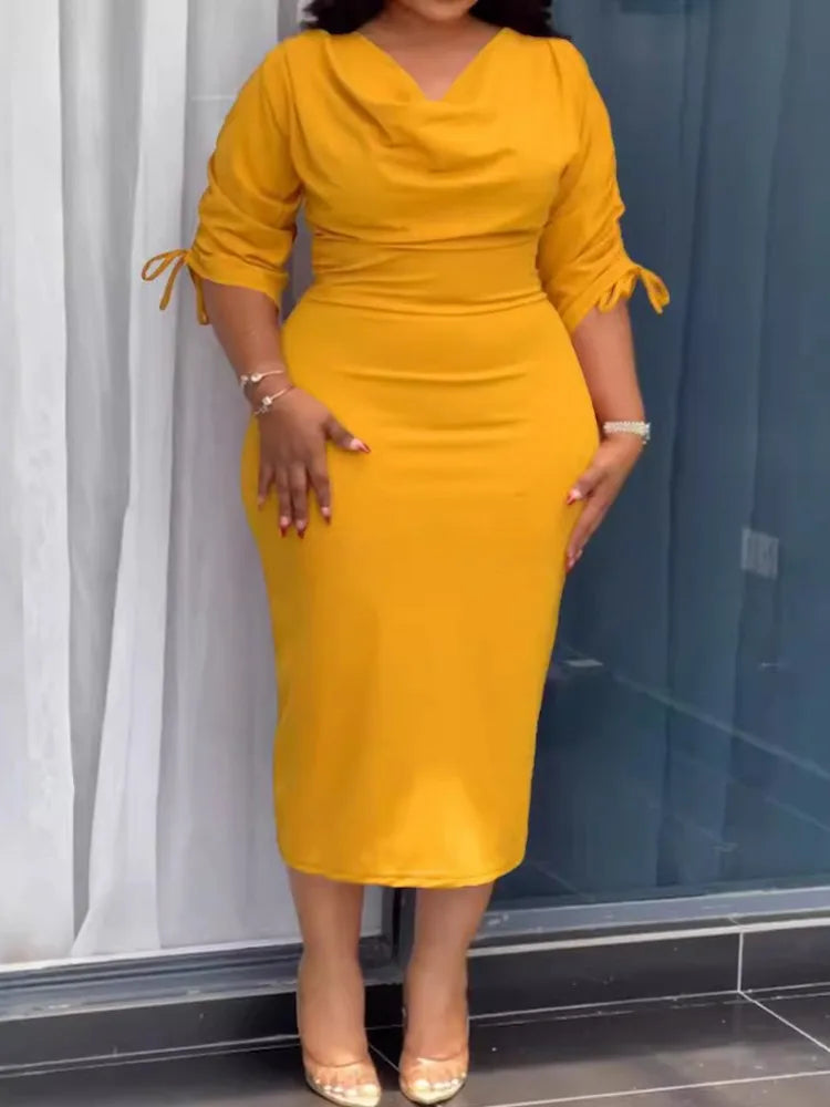 Robe Femme Grande Taille Col V Manches 3/4 Crayon Mi-Mollet Lacets Bureau Casual – CLEVI Paris