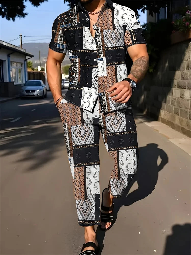 Ensemble 2 Pièces Homme Chemise Imprimée 3D Col Cranté + Pantalon Casual Voyage – 26 Motifs, S à 2XL – CLEVI Paris