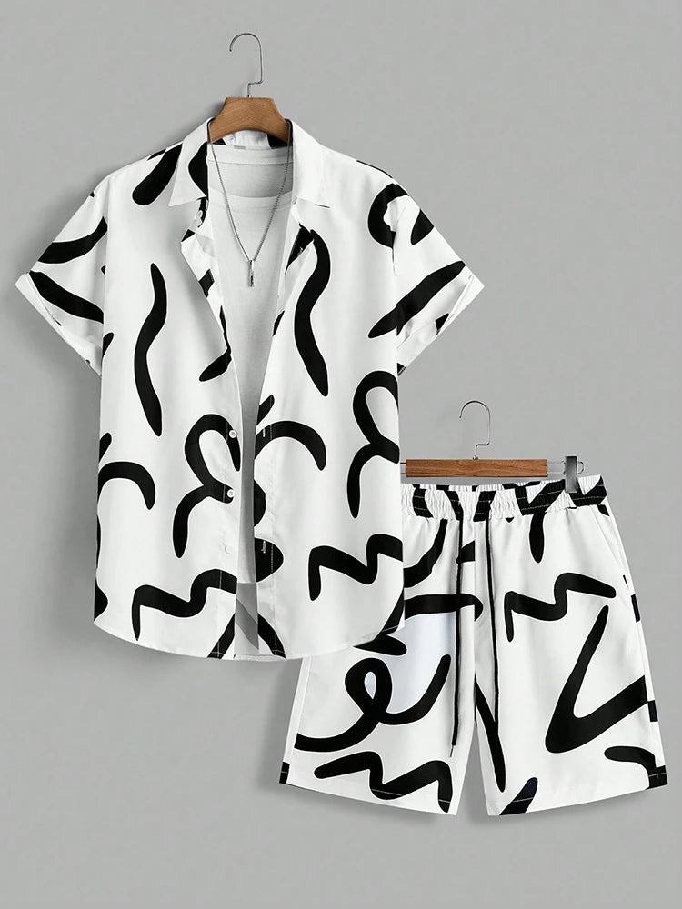 Ensemble Homme Chemise Manches Courtes Col V Imprimé 3D + Short de Plage Casual Streetwear Été – CLEVI Paris