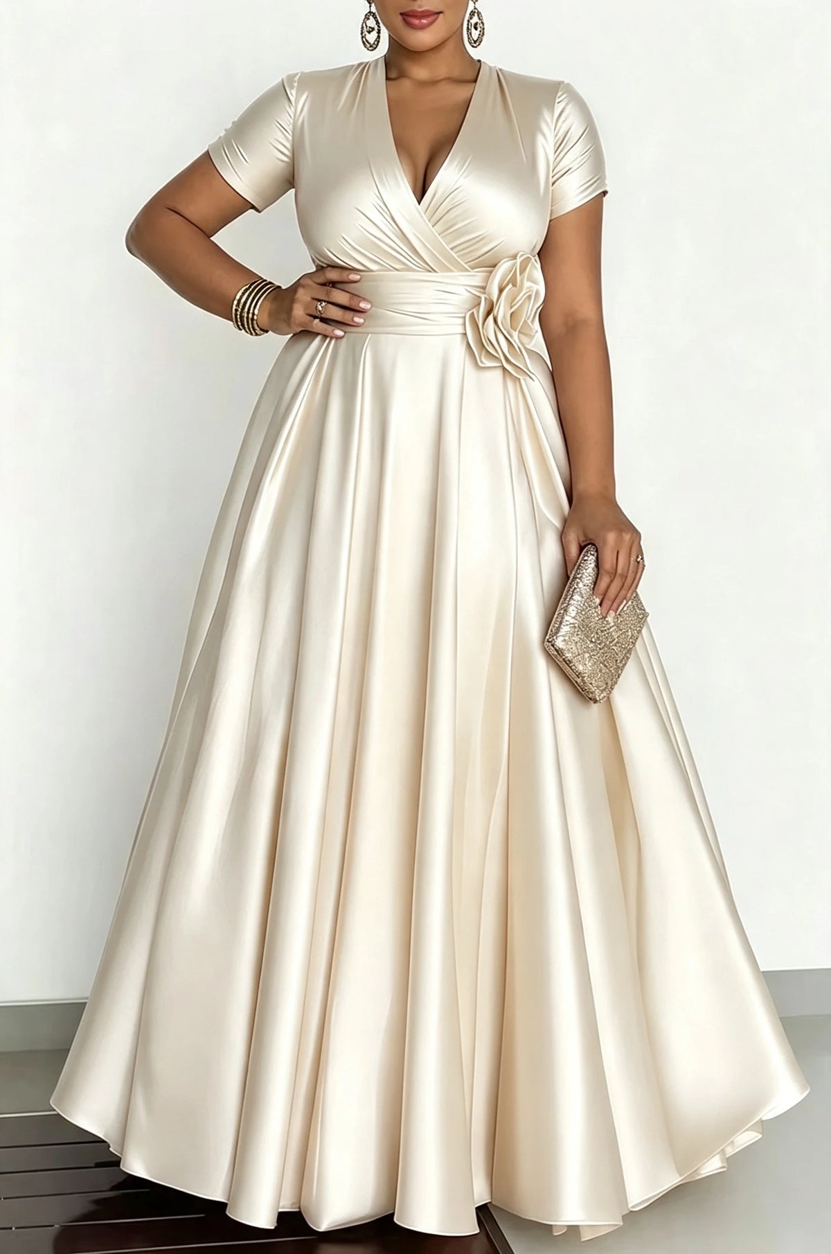 Robe de soirée satinée à fleur 3D – CLEVI Paris