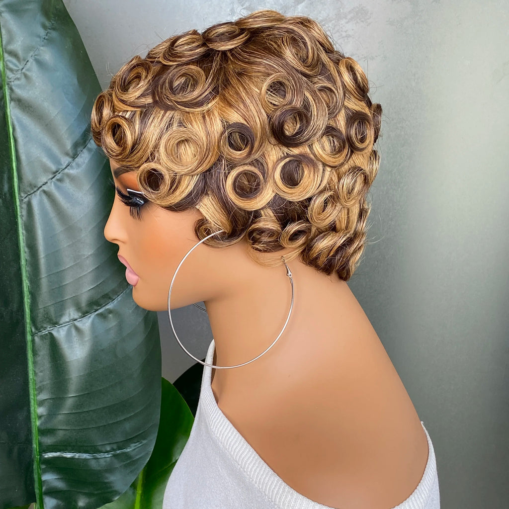 Perruque Pixie Cut Chioma Curly Wavy Highlight Cheveux Humains Brésiliens 150% 4 Teintes 6 Pouces – CLEVI Paris