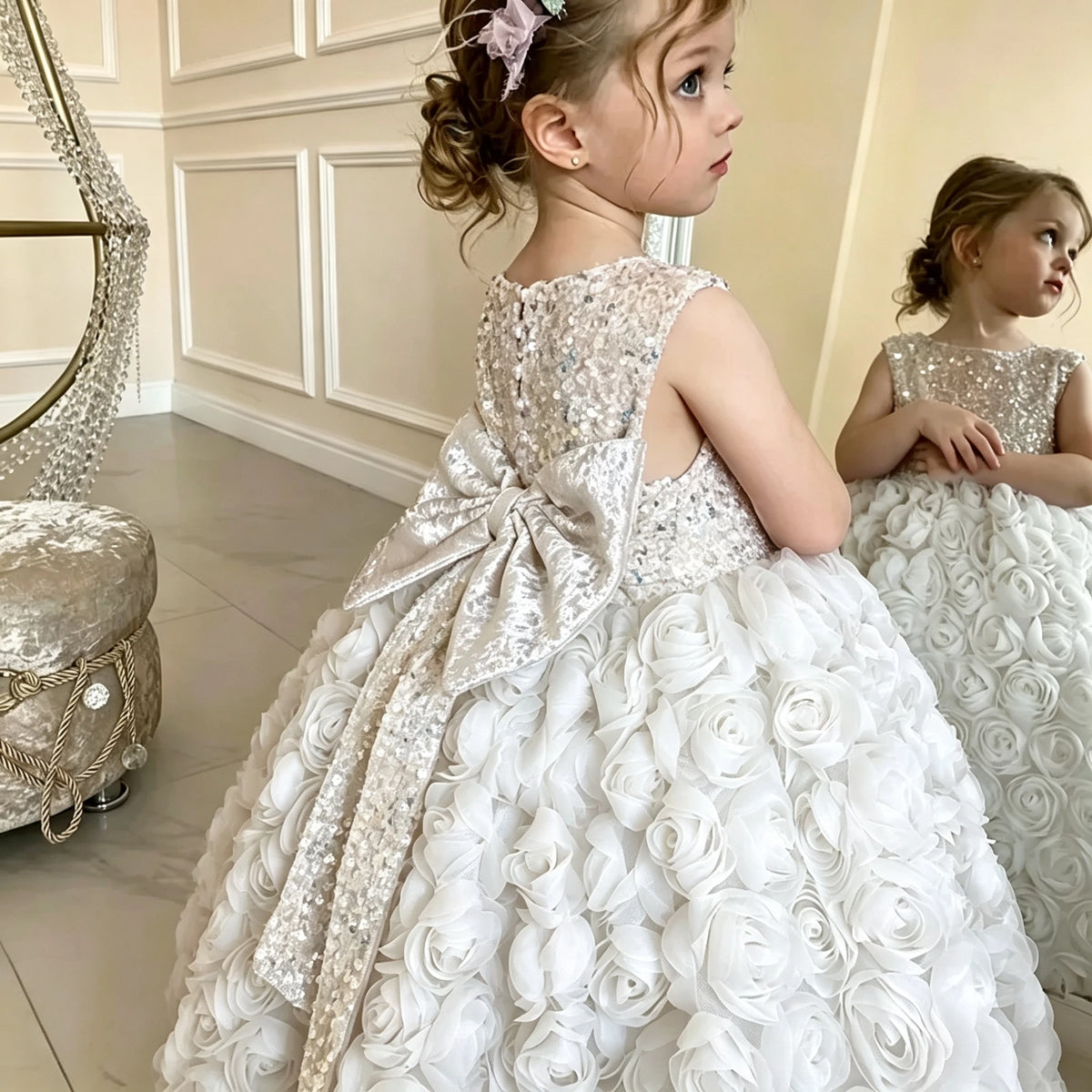 Robe de cérémonie fille à fleurs et sequins – CLEVI Paris