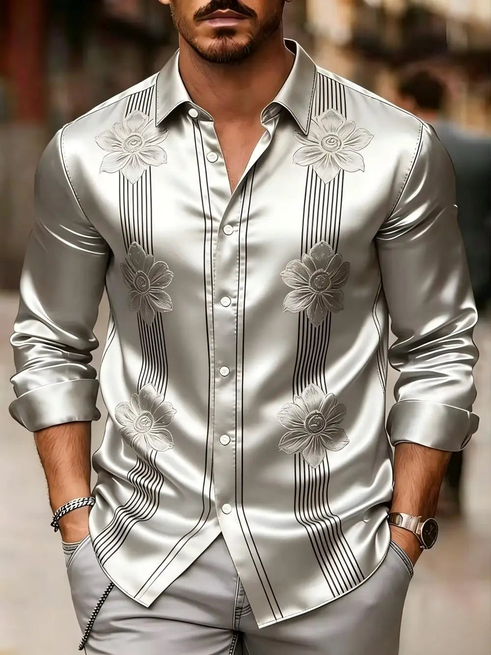 Chemise homme en satin à motifs imprimés – CLEVI Paris
