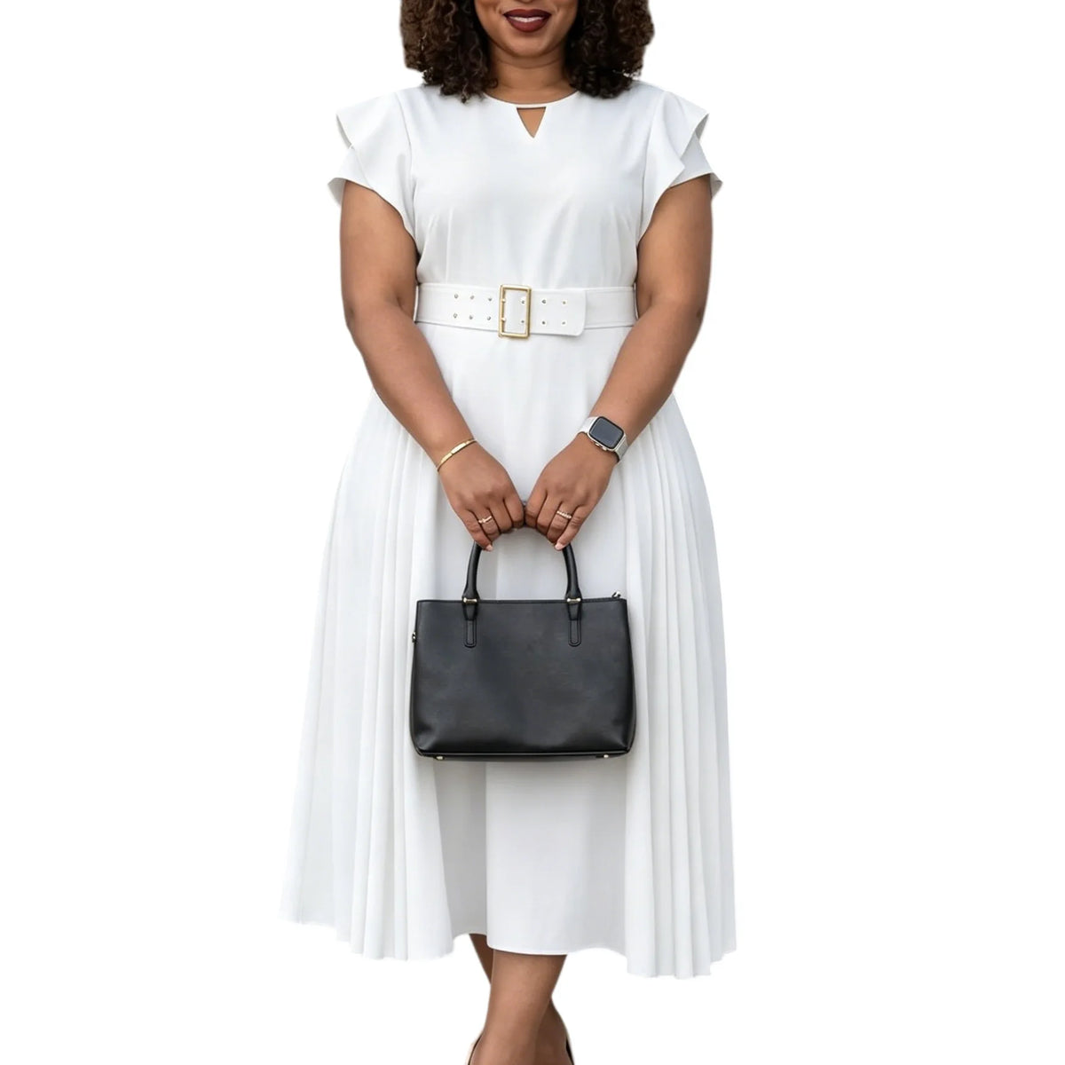 Robe Femme Grande Taille Col V Manches Courtes Ceinture A-line Mi-Mollet Bureau – CLEVI Paris