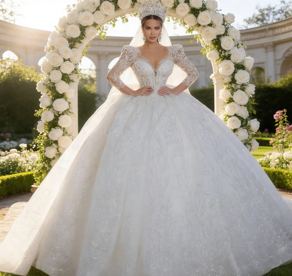 Robe de mariée en tulle col V manches longues – CLEVI Paris