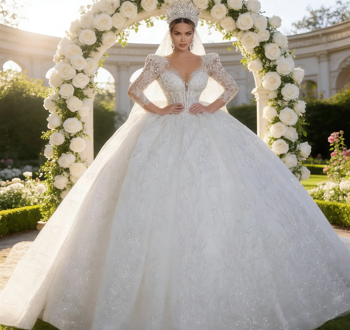 Robe de mariée en tulle col V manches longues – CLEVI Paris