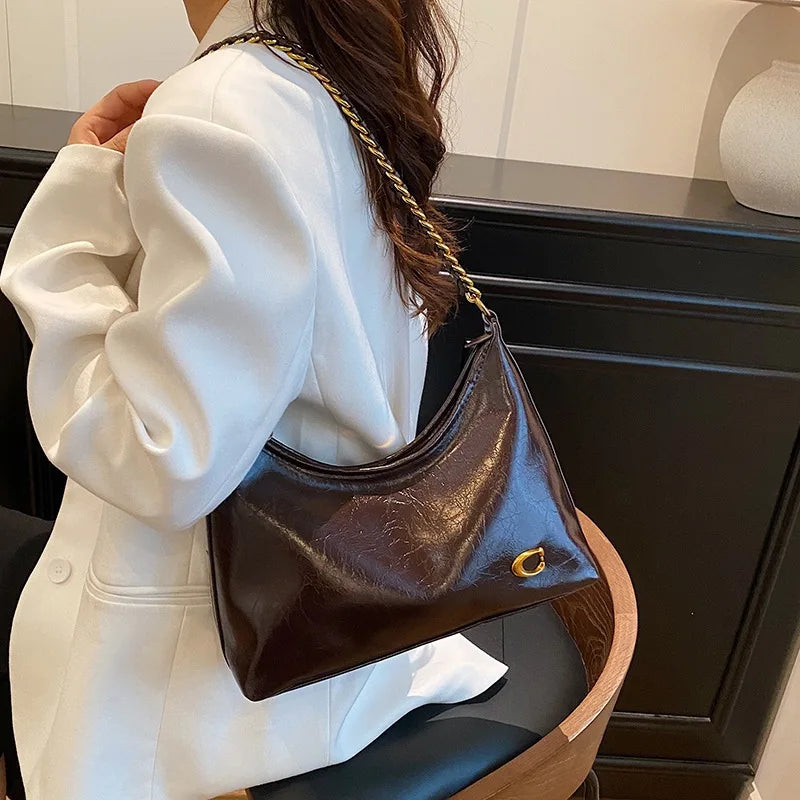 Sac Bandoulière Cuir Ciré Vintage Femme Chaîne Grande Capacité – CLEVI Paris
