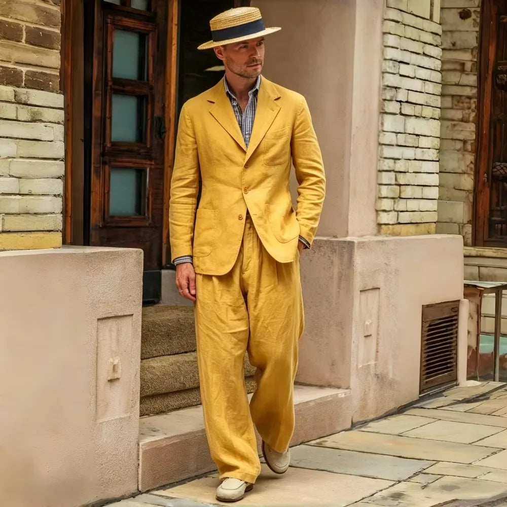 Costume Homme 2 Pièces Lin Coton Blazer Col Cranté + Pantalon Jambe Droite Smart Casual Mariage Été 7 Coloris – CLEVI Paris