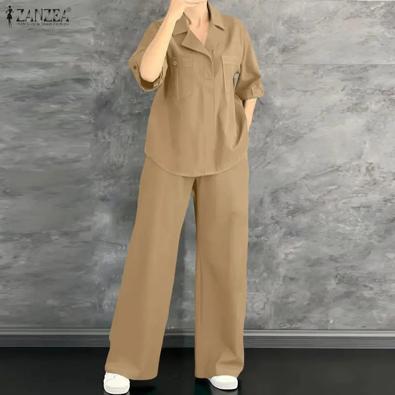 Ensemble 2 Pièces Femme Blouse Col Rabattu Manches Mi-Longues Boutonnée Poches + Pantalon Large Taille Mi-Haute Élastique Casual Bohème Beige Vert Noir – CLEVI Paris