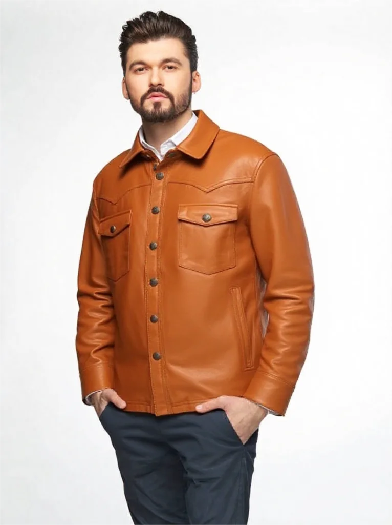 Veste homme orange en cuir de mouton – CLEVI Paris