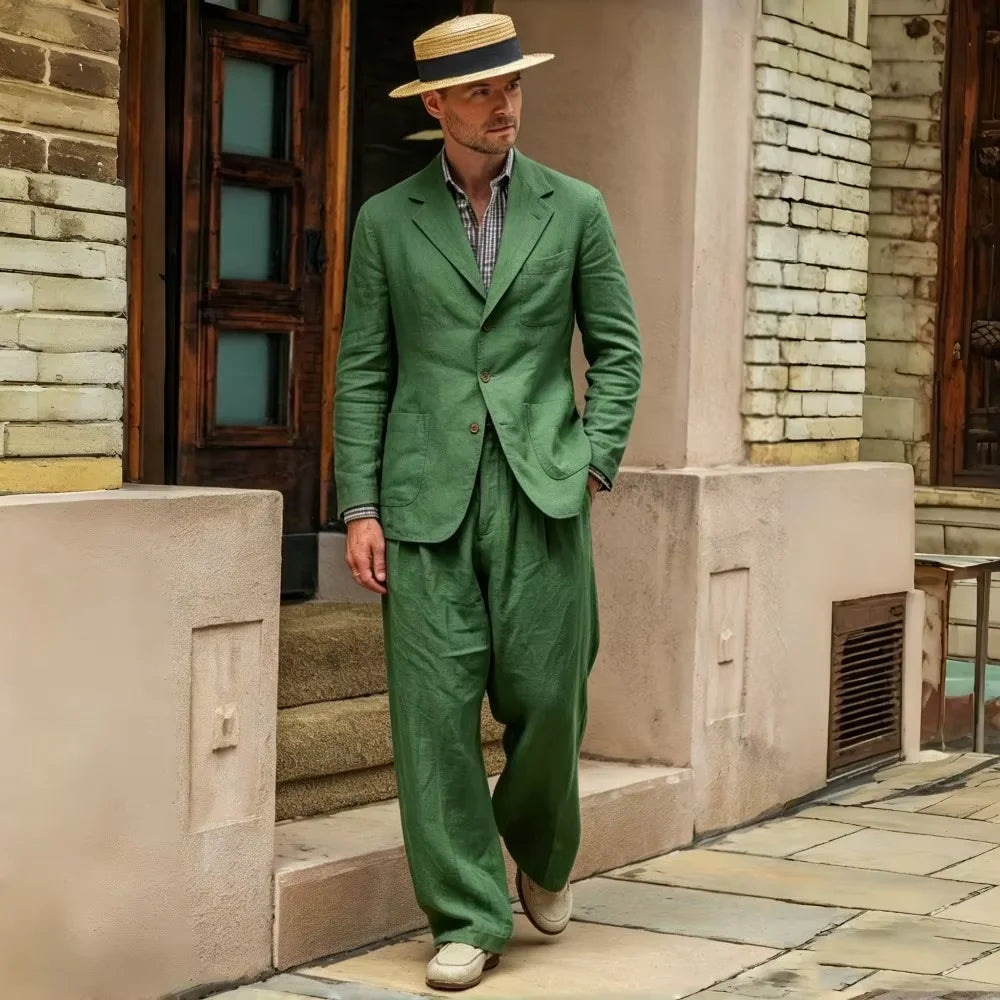 Costume Homme 2 Pièces Lin Coton Blazer Col Cranté + Pantalon Jambe Droite Smart Casual Mariage Été 7 Coloris – CLEVI Paris