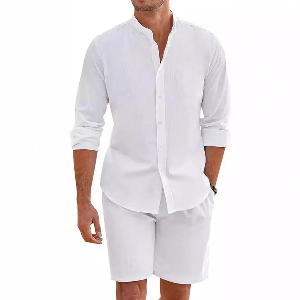 Ensemble 2 Pièces Homme Coton Lin Chemise Col Mao + Short Élastique Style Plage Casual – CLEVI Paris