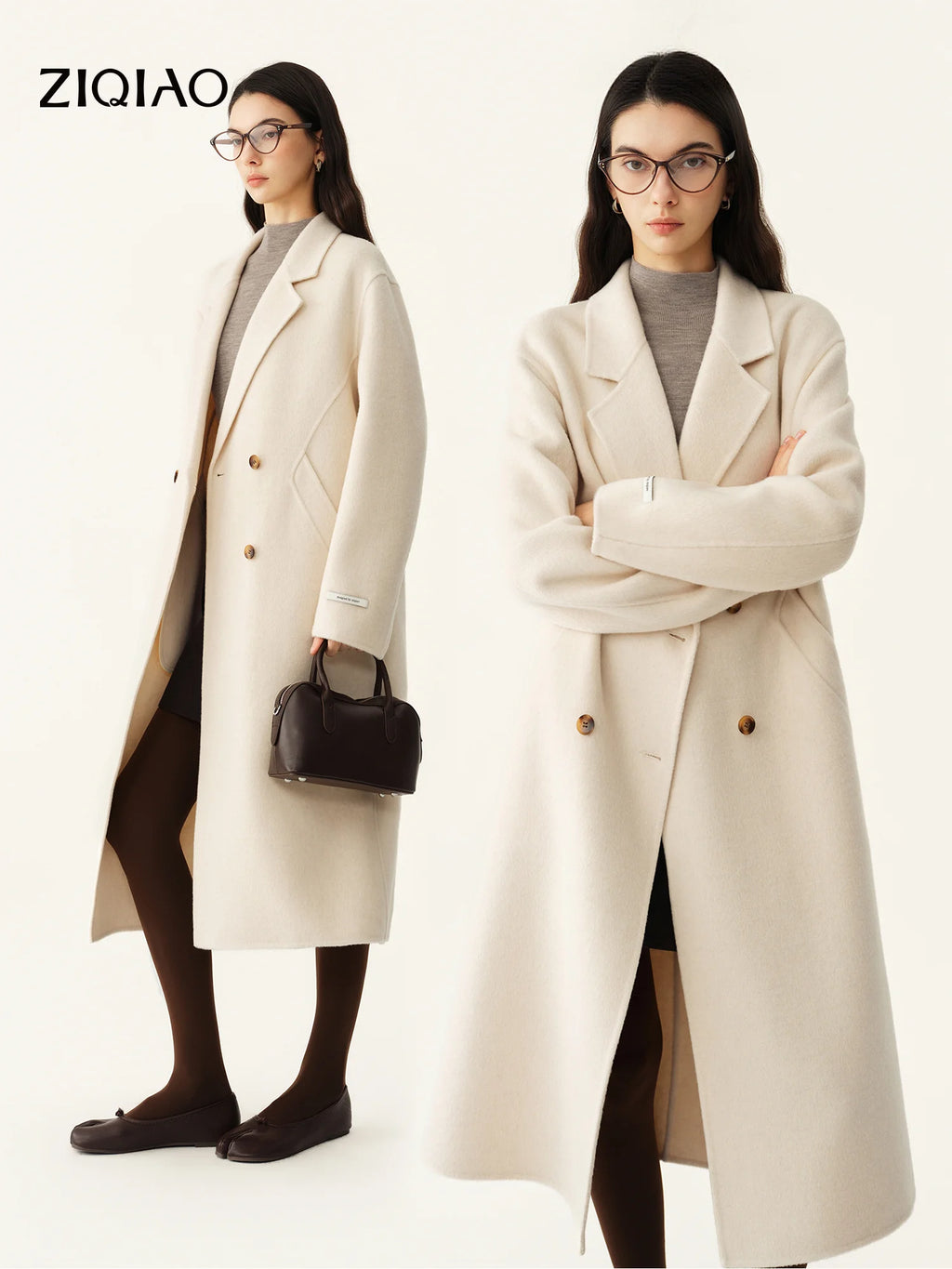 Manteau long croisé en laine et soie femme – CLEVI Paris