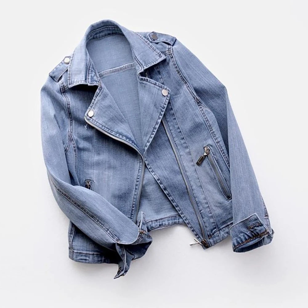 Veste biker en jean femme à col revers – CLEVI Paris