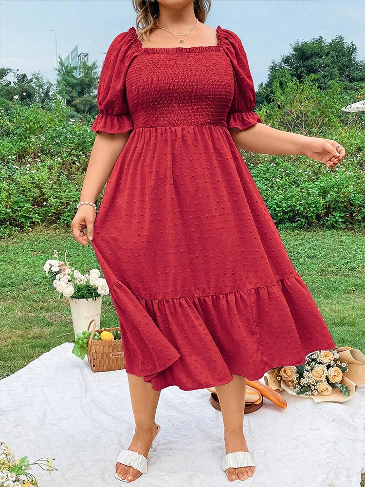 Robe Femme Grande Taille Col Carré Manches Bouffantes Nœud Dos – CLEVI Paris