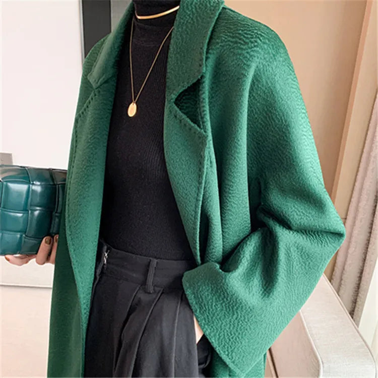 Manteau long femme en laine ceinturé – CLEVI Paris