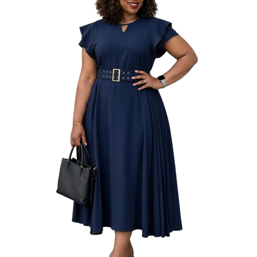 Robe Femme Grande Taille Col V Manches Courtes Ceinture A-line Mi-Mollet Bureau – CLEVI Paris