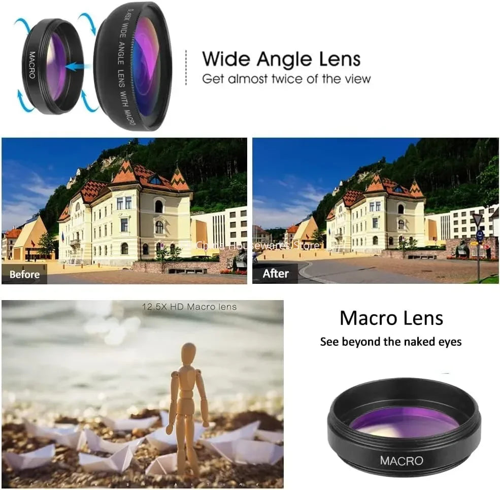 Kit Objectif 2-en-1 Smartphone – Grand Angle 0.45x + Macro HD, Clip Universel iPhone & Android