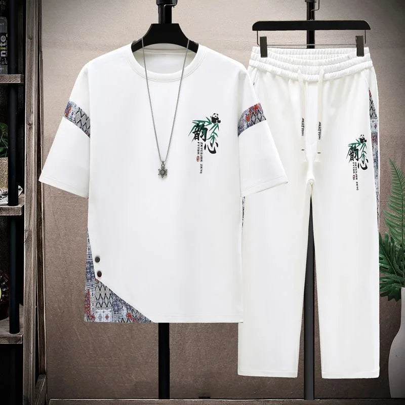 Ensemble 2 Pièces Homme T-shirt Imprimé + Pantalon 9/10 Été Grande Taille KOLMAKOV – Noir & Blanc, M à 4XL – CLEVI Paris