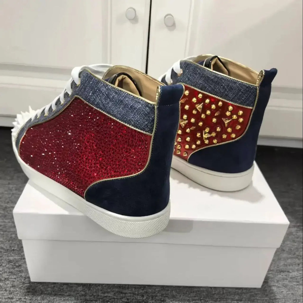 Sneakers Montantes Cuir Rivets Dorés & Strass Rouge Homme – CLEVI Paris