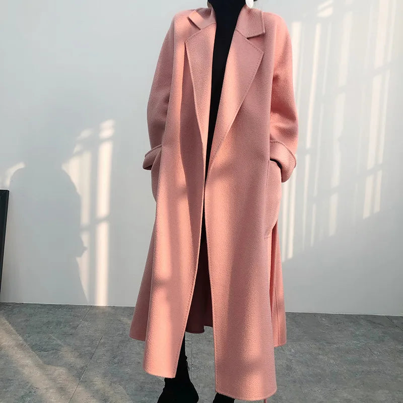 Manteau long femme en laine ceinturé – CLEVI Paris