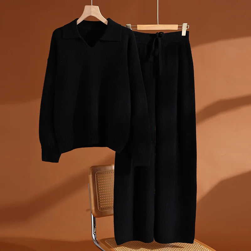 Ensemble laine femme, pull polo et pantalon – CLEVI Paris