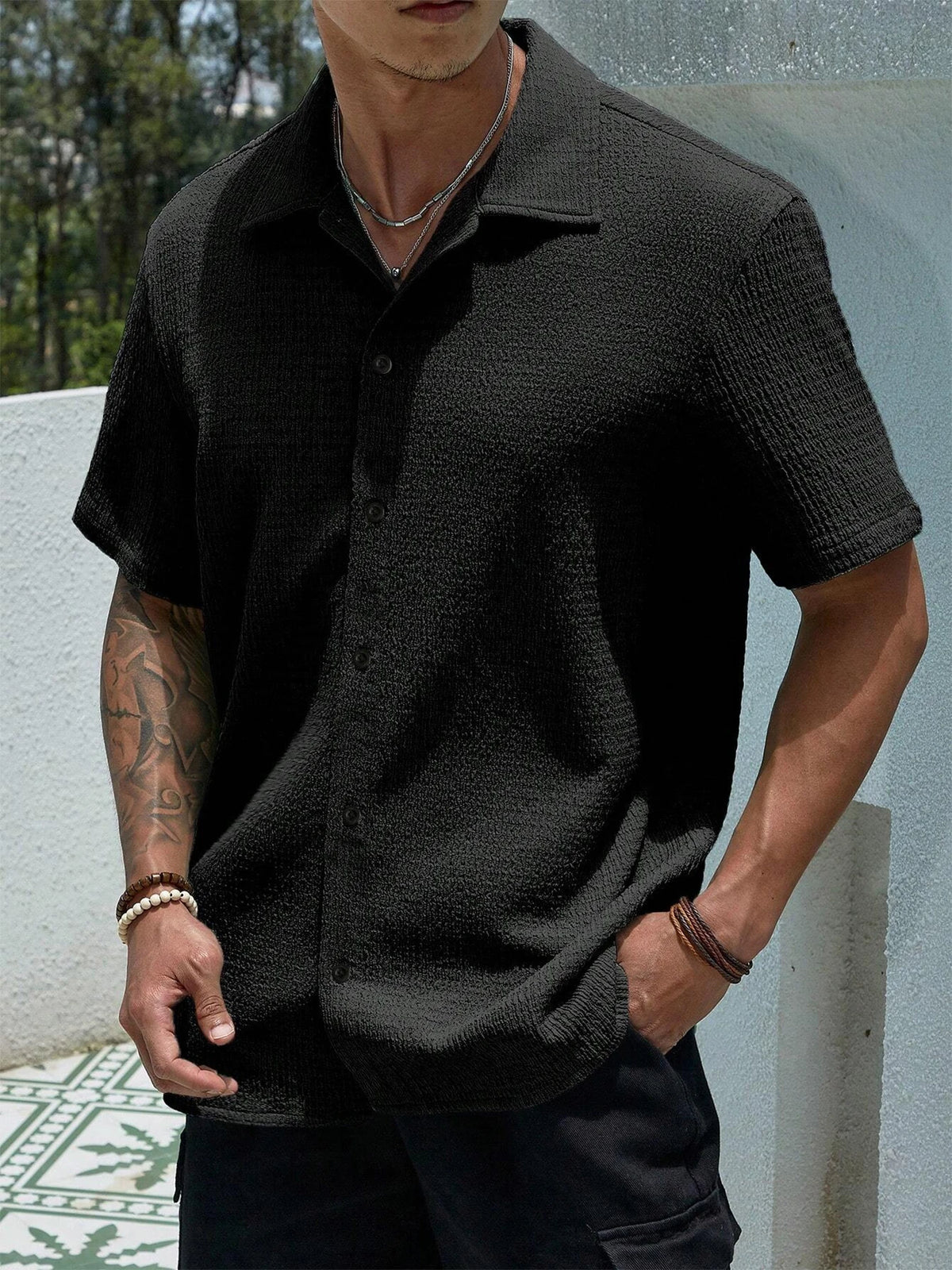 Chemise Homme Casual Manches Courtes Été Tissu Plissé Léger – CLEVI Paris