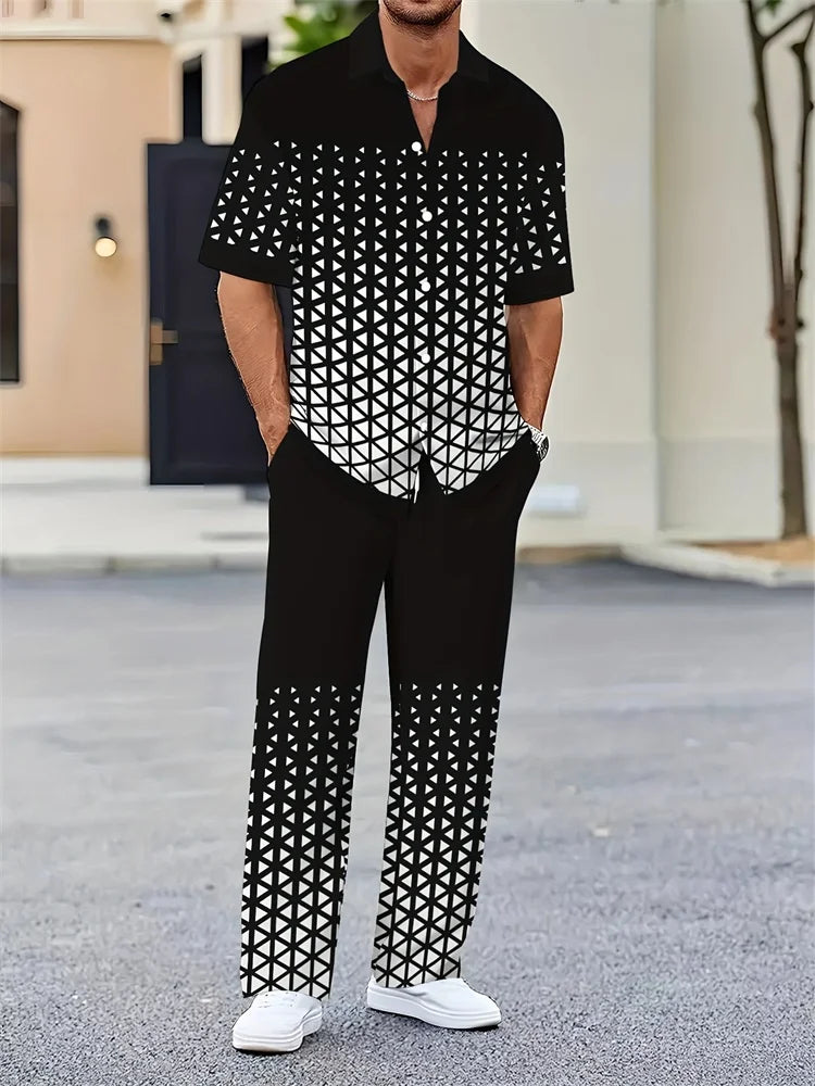 Ensemble 2 Pièces Homme Chemise Imprimée 3D Col Cranté + Pantalon Casual Voyage – 26 Motifs, S à 2XL – CLEVI Paris
