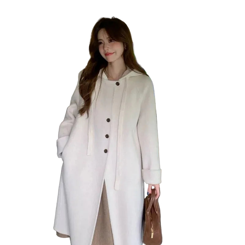 Manteau long en laine à capuche femme – CLEVI Paris