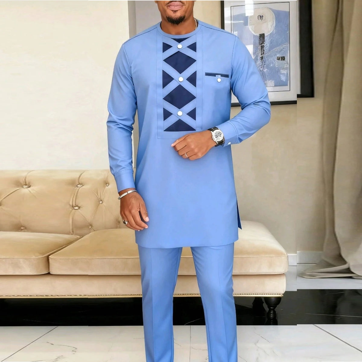 Ensemble Kaftan Africain Homme 2 Pièces – Costume Brodé Manches Longues – CLEVI Paris