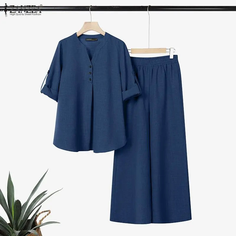 Ensemble 2 Pièces Femme Blouse Col V Manches Longues Demi-Boutonnée + Pantalon Large Taille Mi-Haute Élastique Casual Bohème Marron Clair Bleu Noir – CLEVI Paris