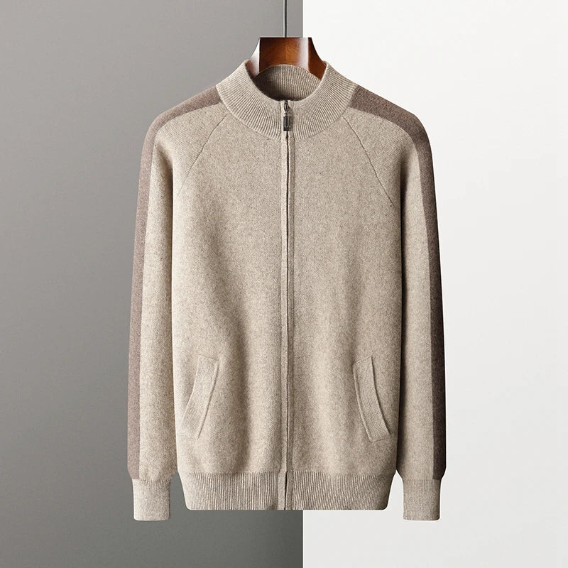 Ensemble 2 Pièces Homme 100% Cachemire MVLYFLRT – Cardigan Col Montant Zippé + Pantalon Slim Bicolore – 3 Coloris – CLEVI Paris