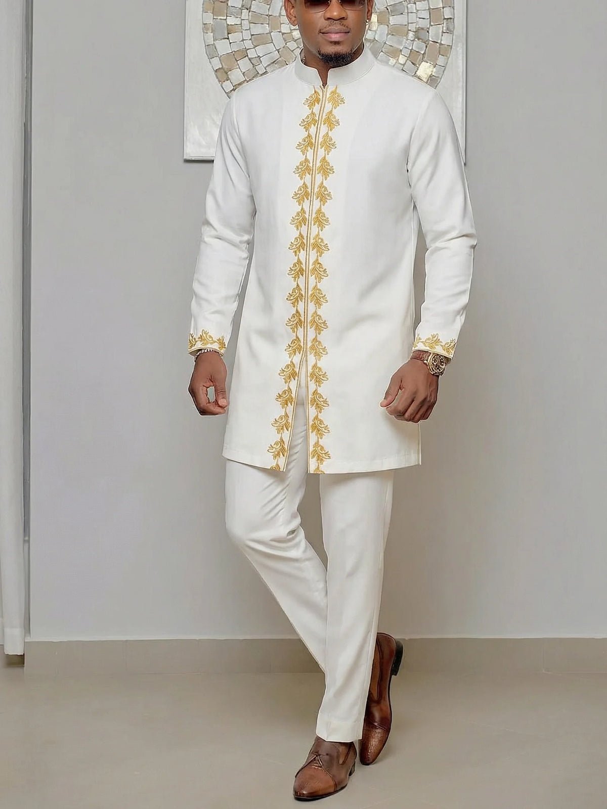 Kaftan Homme 2 Pièces Brodé Floral Col Mao Manches Longues + Pantalon Élastique Style Africain Mariage M-4XL – CLEVI Paris