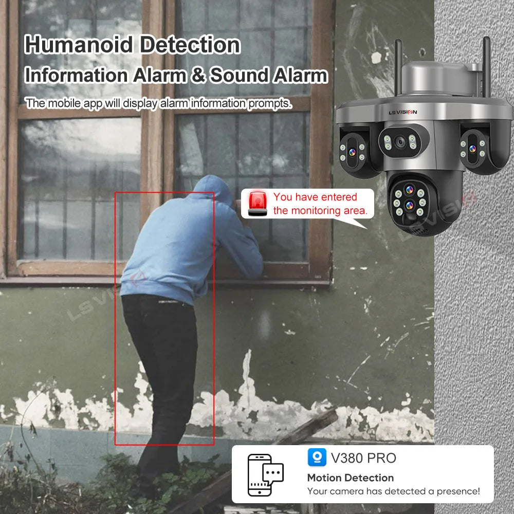 Caméra Solaire LS VISION 20MP 4 Objectifs 3 Écrans PTZ Zoom 10x 4G/Wi-Fi IP66 V380 Pro – CLEVI Paris