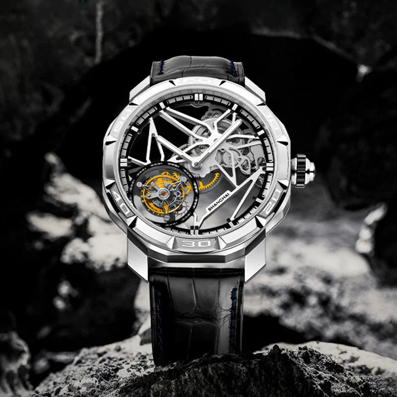 Montre Homme Manuel Tourbillon 7 Points Boîtier Octogonal Squelette Lumineux Alligator Shanghai Watch 23FB – CLEVI Paris