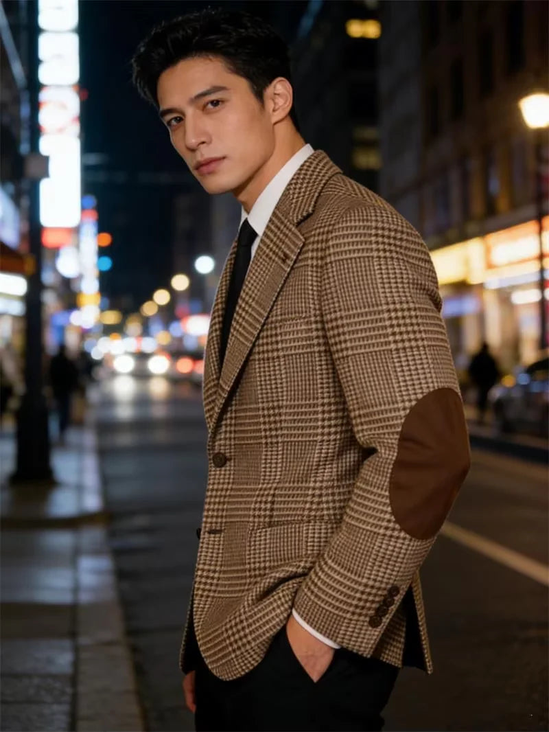 Blazer Homme Tweed Carreaux Rétro Slim Fit Patches Coudes Bureau Casual – CLEVI Paris