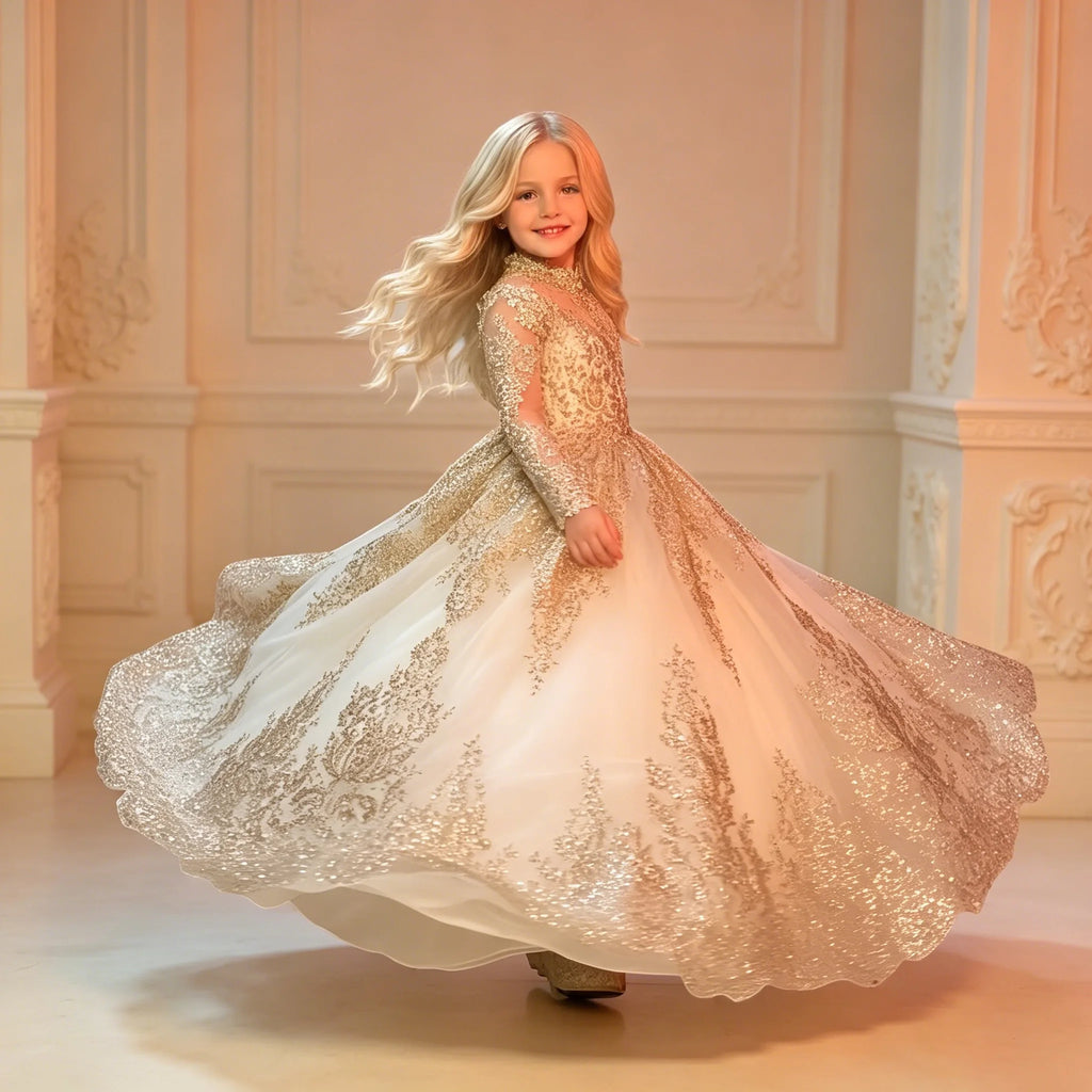Robe fille à appliques et manches longues ZHJ – CLEVI Paris