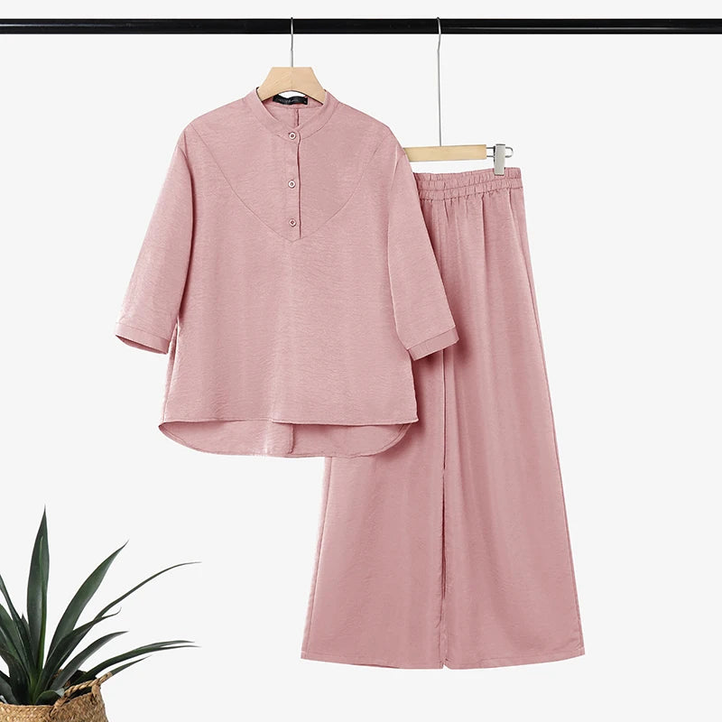 Ensemble 2 Pièces Femme Blouse Col Montant Manches 3/4 + Pantalon Large Taille Élastique OL Casual Bohème 3 Coloris – CLEVI Paris