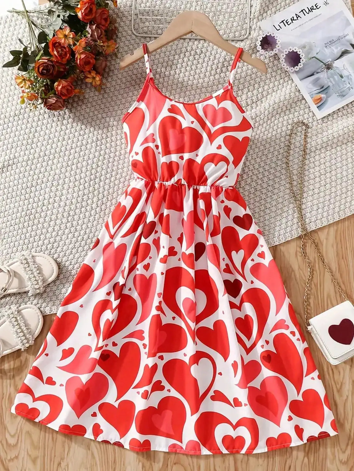 Robe fille rouge à cœurs sans manches – CLEVI Paris