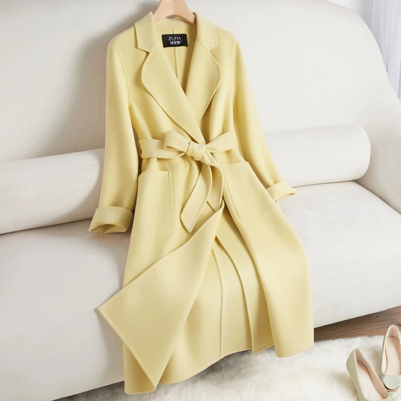 Manteau long femme ceinturé à revers – CLEVI Paris
