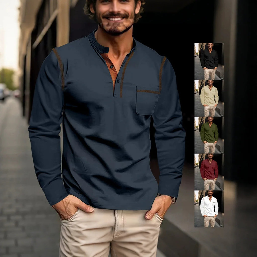 Chemise Homme Manches Longues Col Henley Poche Casual – CLEVI Paris