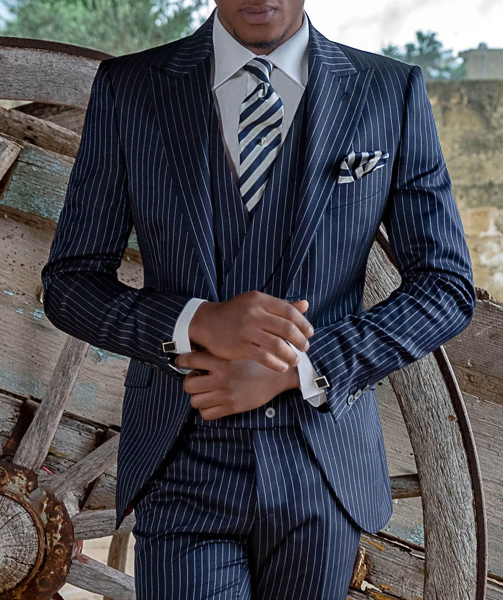 Smoking 3 Pièces Homme Bleu Marine Rayures Slim Fit Mariage – CLEVI Paris