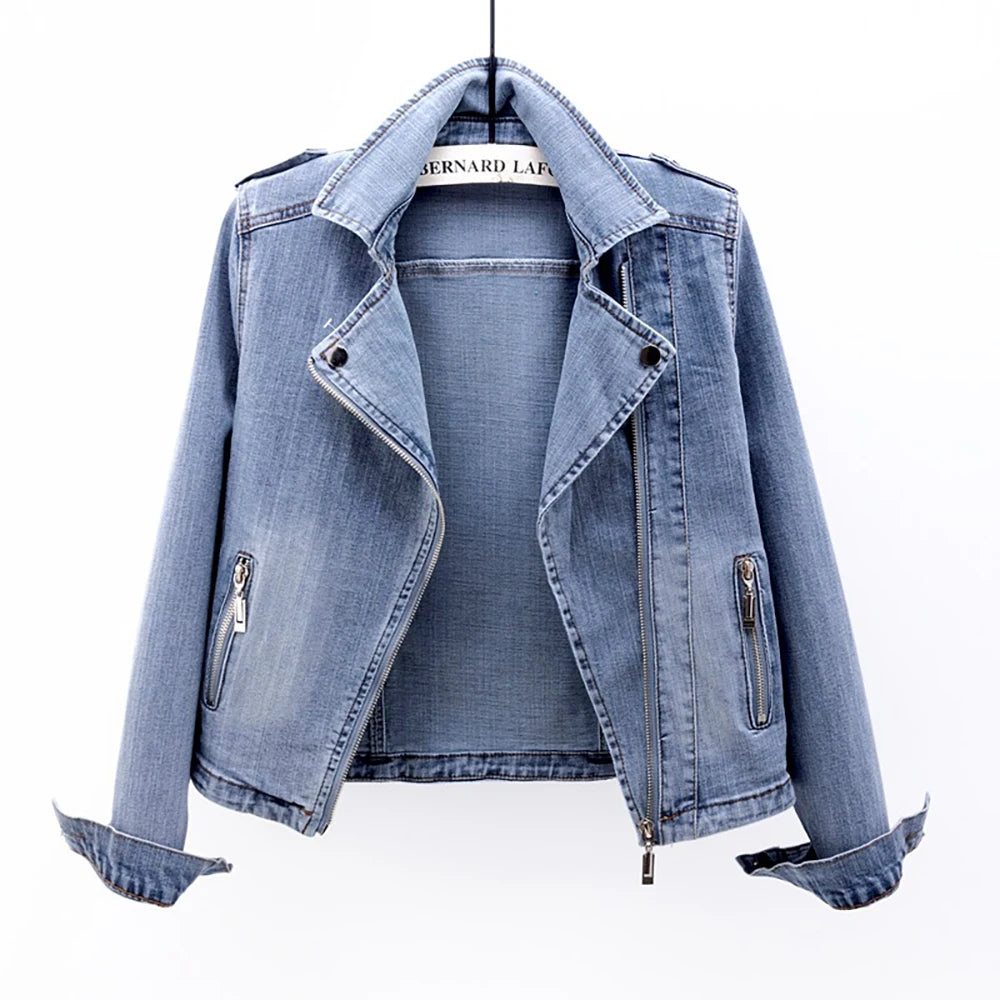 Veste biker en jean femme à col revers – CLEVI Paris