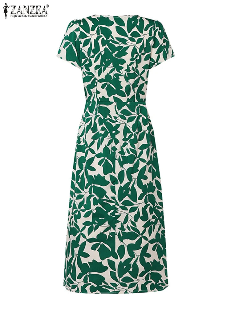 Robe Femme Col V Imprimé Feuilles Vintage Manches Courtes Fente Mi-Mollet – CLEVI Paris