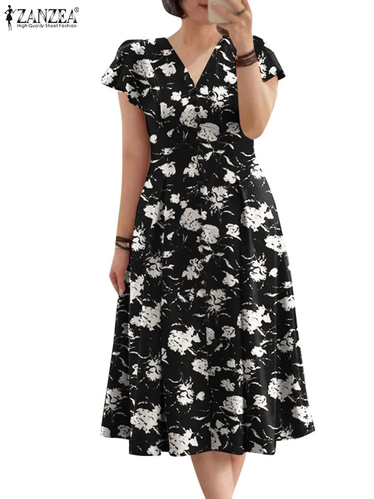 Robe Femme Col V Imprimé Floral Manches Papillon Taille Cintrée A-line Mi-Mollet – CLEVI Paris